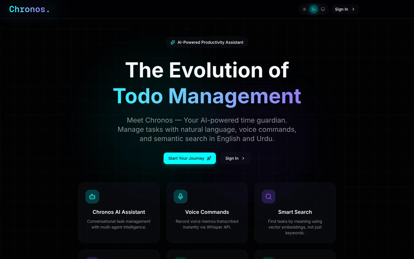 Chronos home page: The Evolution of Todo Management, with AI assistant, voice commands and smart search