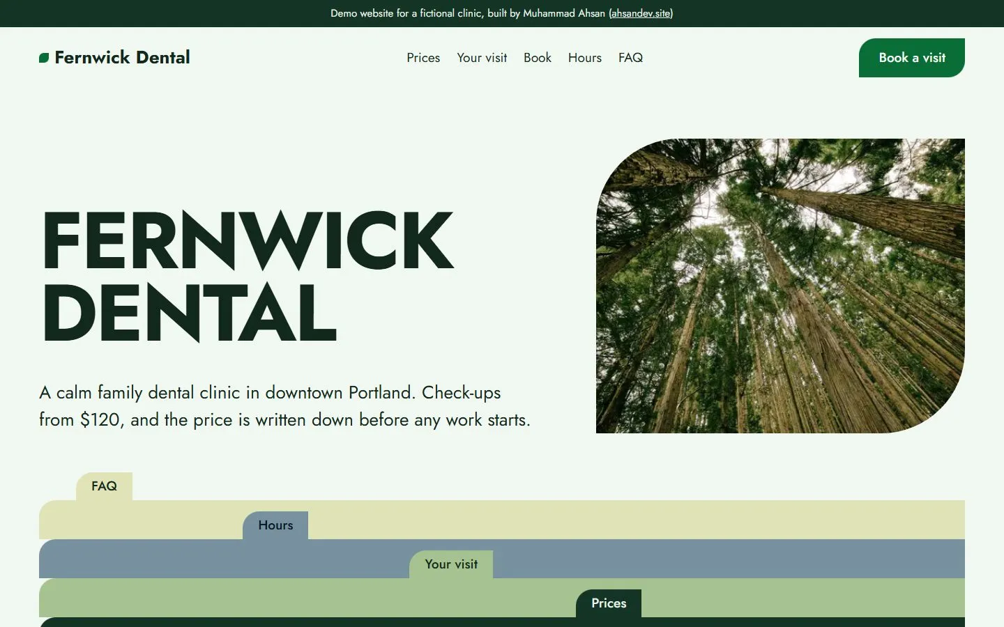 Fernwick Dental, a demo website for a fictional dental clinic: big name, a forest photo, and a Book a visit button
