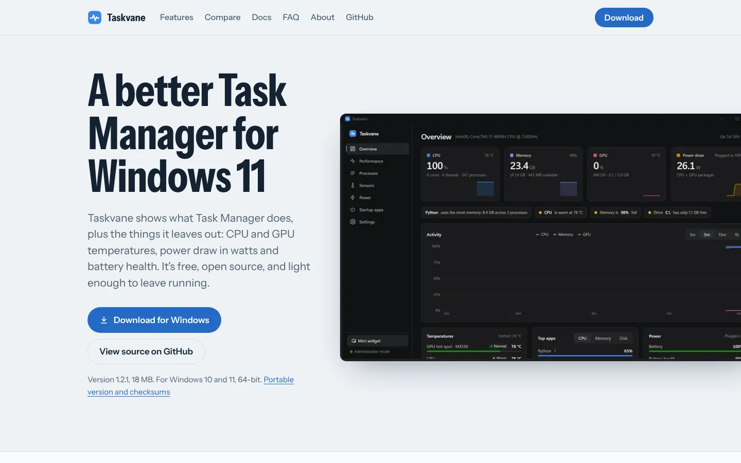 The Taskvane website: A better Task Manager for Windows 11, with a download button and an app screenshot